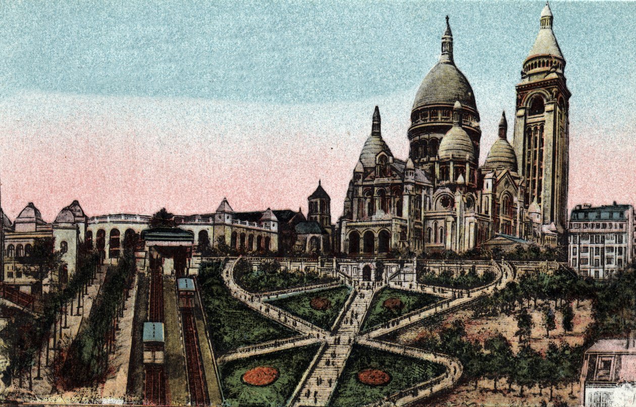 Paris : funiculaire et Basilique du Sacré-Cœur sur la Butte Montmartre. Photographie de 1920 dans "Album Artistique" de la ville de Paris. Collection privée. - Anonymous Anonymous