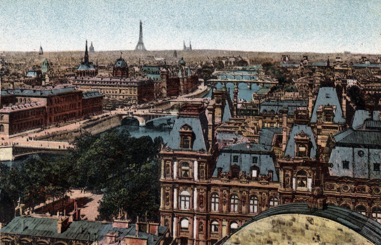 Paris : panorama des Huits Ponts sur la Seine avec la Tour Eiffel en arrière-plan. Photographie de 1920 dans « Album Artistique » de la ville de Paris. Collection privée. - Anonymous Anonymous