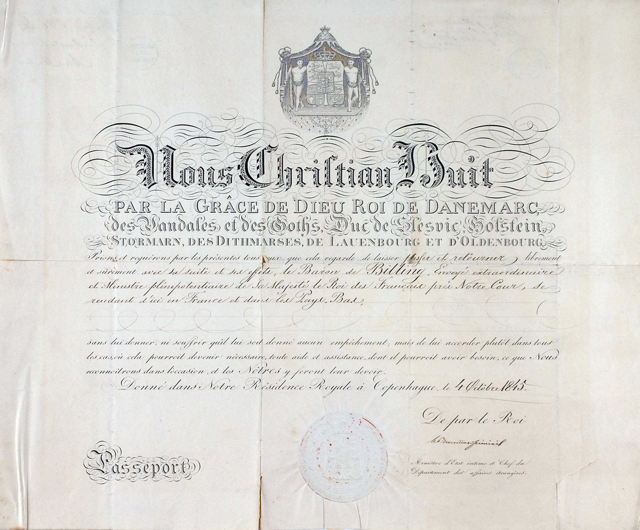 Passeport par le roi du Danemark Christian VIII datant de 1845. - Anonymous Anonymous