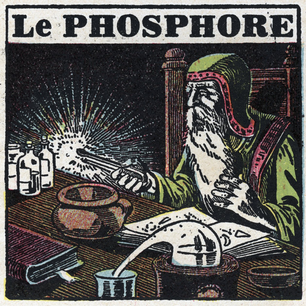 Phosphorescence : phosphore. Un alchimiste cherchant la pierre philosophale dans son laboratoire. Illustration anonyme de 1925. Collection privée. - Anonymous Anonymous