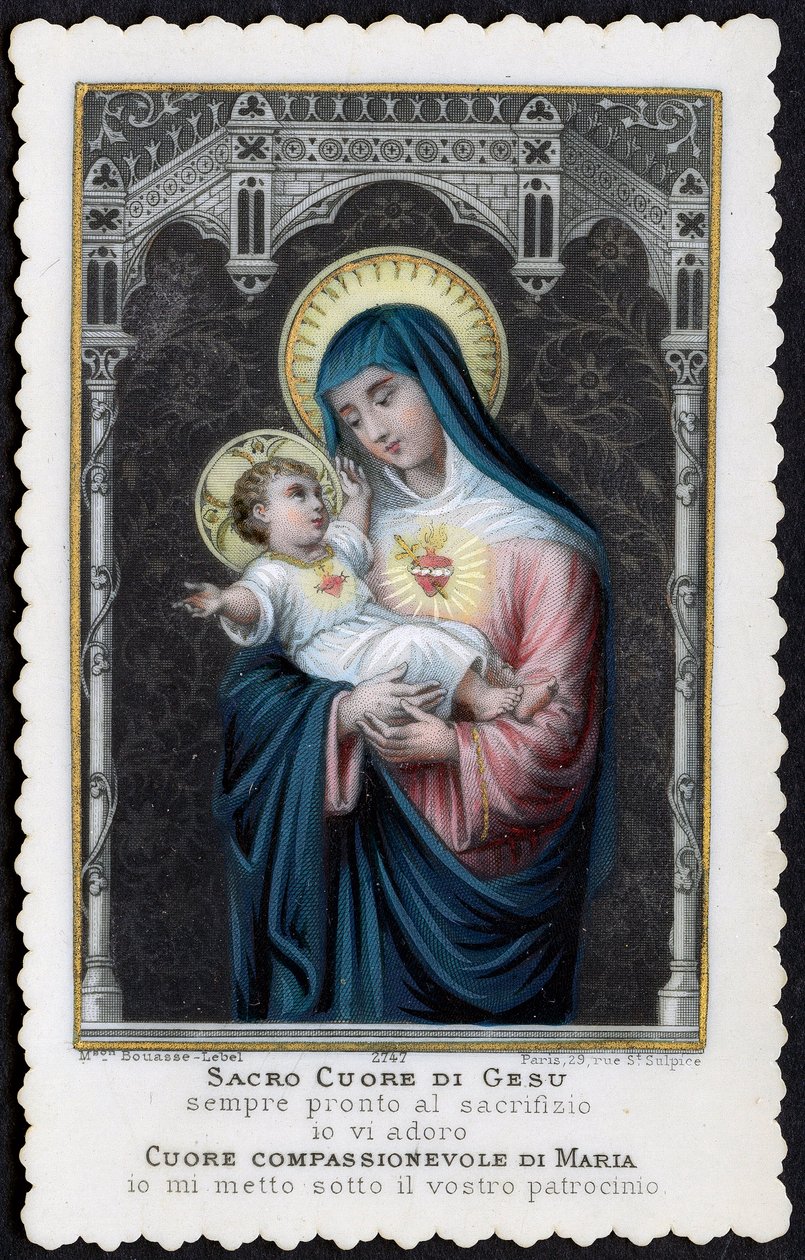 Image pieuse : Jésus enfant dans les bras de sa mère Marie, avec le Sacré-Cœur (gravure) - Anonymous Anonymous