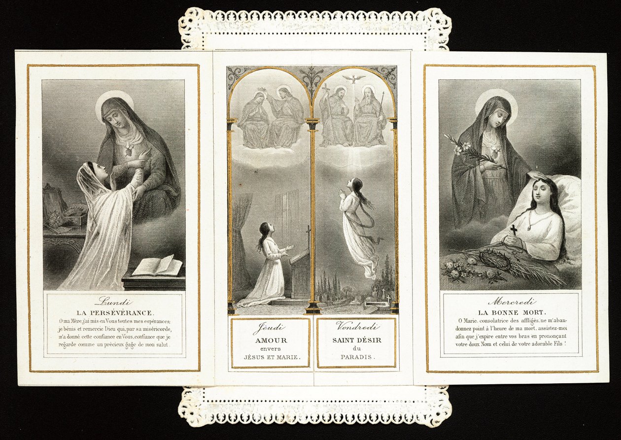 Image pieuse : "persévérance, Amour envers Jésus et Marie, le Saint Désir du Paradis, la Bonne Mort" Carte dentelée en triptyque. 19e siècle. Collection privée - Anonymous Anonymous