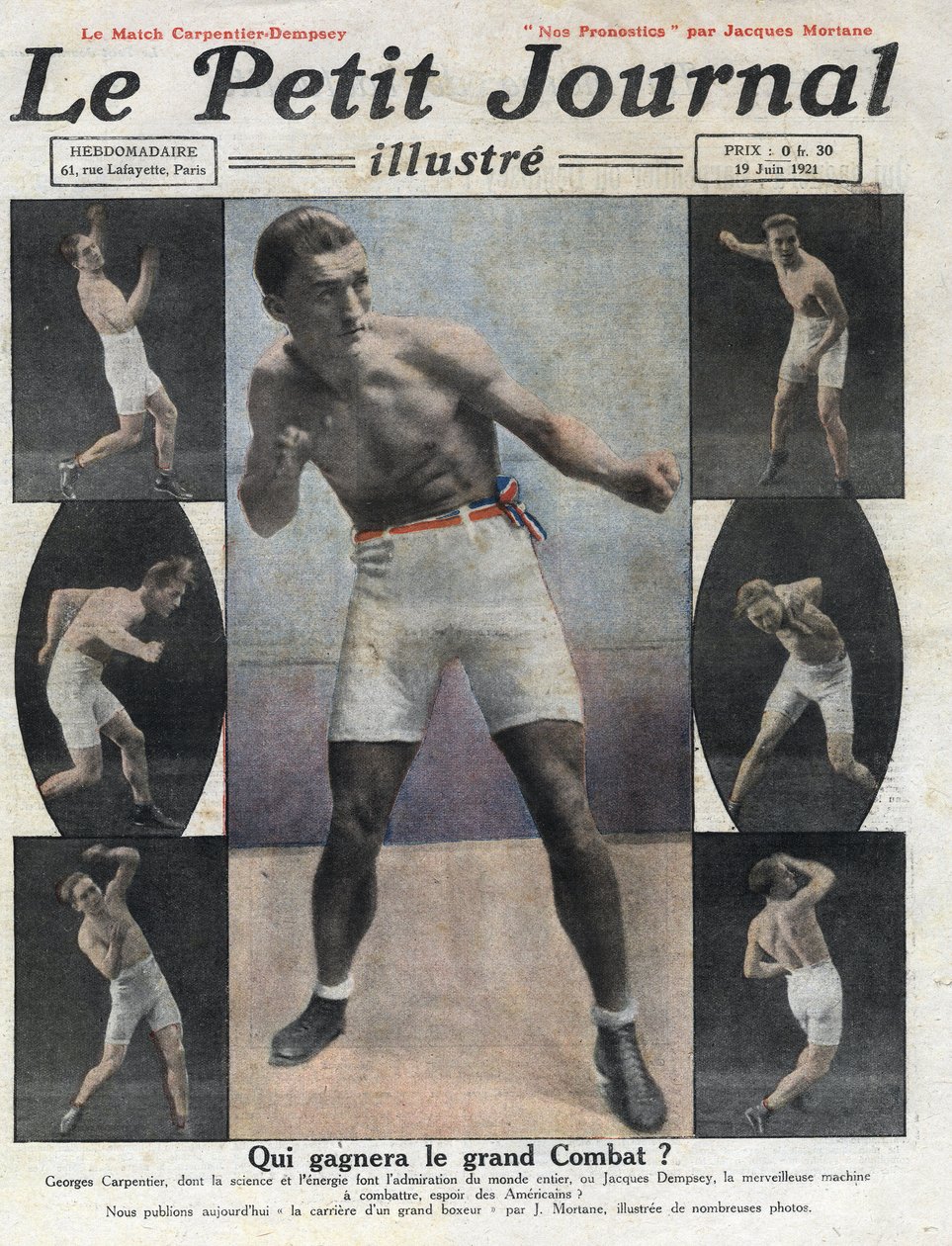 Portrait du boxeur français Georges Carpentier qui va affronter le boxeur américain Jack Dempsey pour le titre de champion du monde. Illustration tirée de "Le petit journal illustré" du 19/06/1921 - Anonymous Anonymous