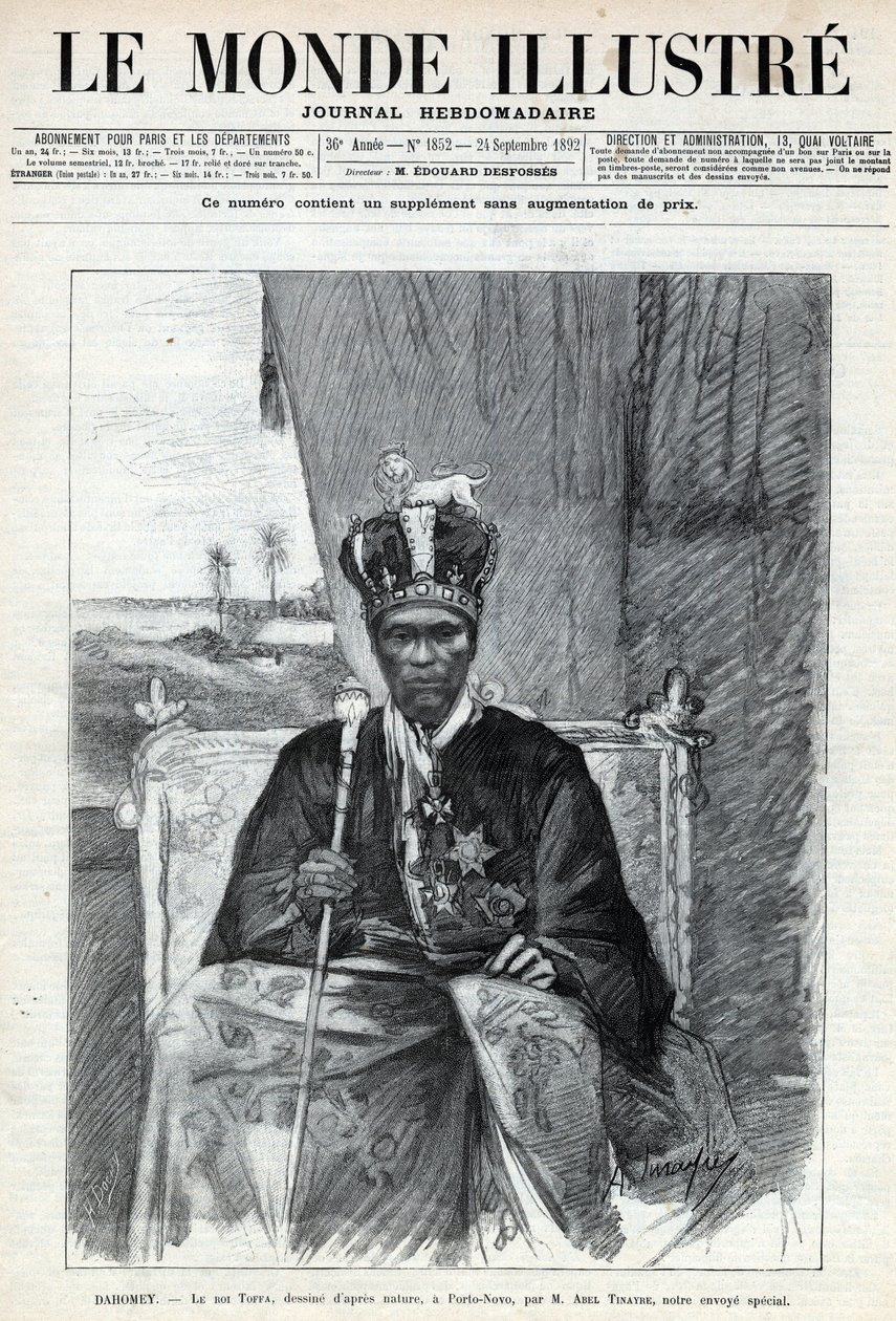 Portrait de Tofa I (vers 1850-1908), roi du Dahomey (Bénin) à Porto-Novo. Gravure dans « Le monde illustré » de 1892. Collection privée. - Anonymous Anonymous