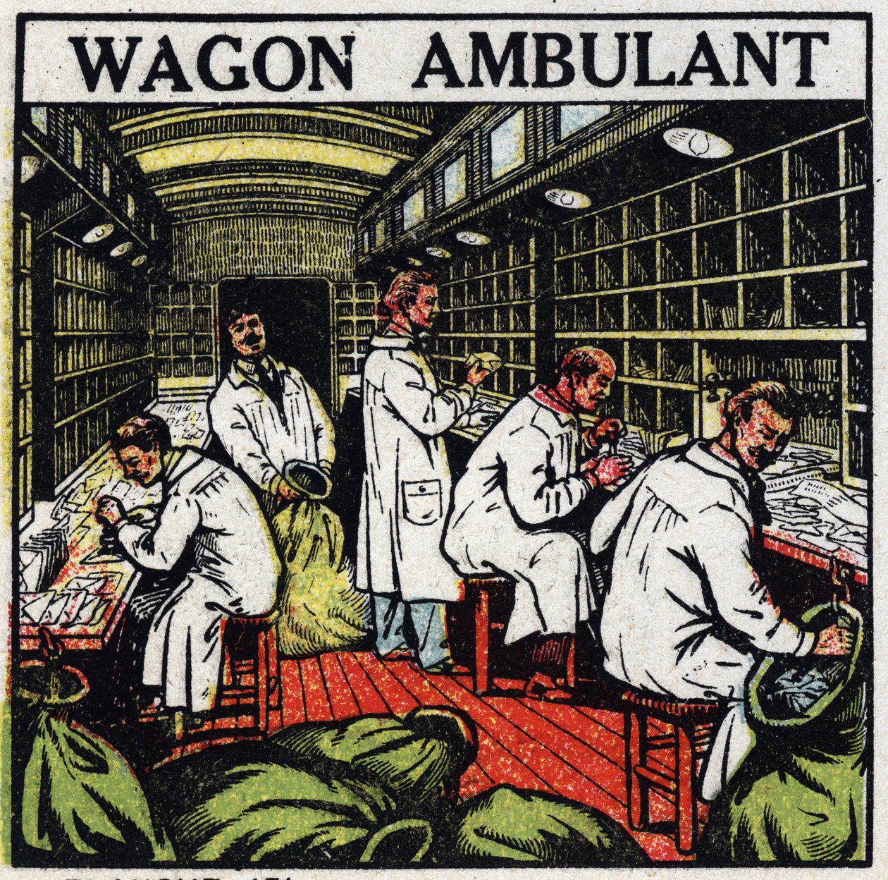Poste: bureau de poste ambulant dans un wagon de chemin de fer. Illustration anonyme de 1925. Collection privée. - Anonymous Anonymous
