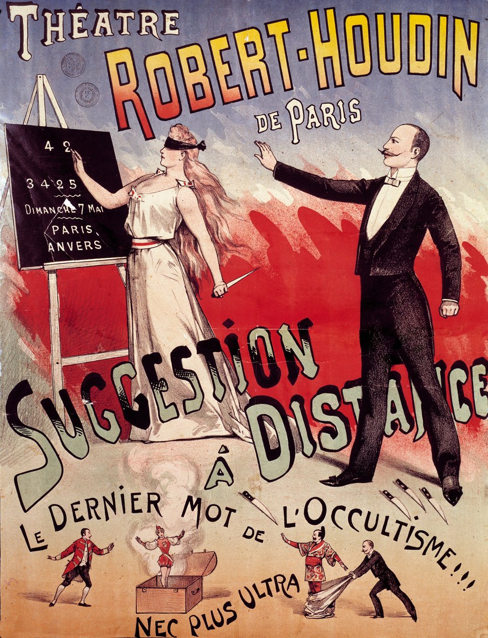Affiche présentant le spectacle "Suggestion à distance" au Théâtre Robert Houdin à Paris, fondé par Jean-Eugène Robert Houdin (1805-1871) - Anonymous Anonymous
