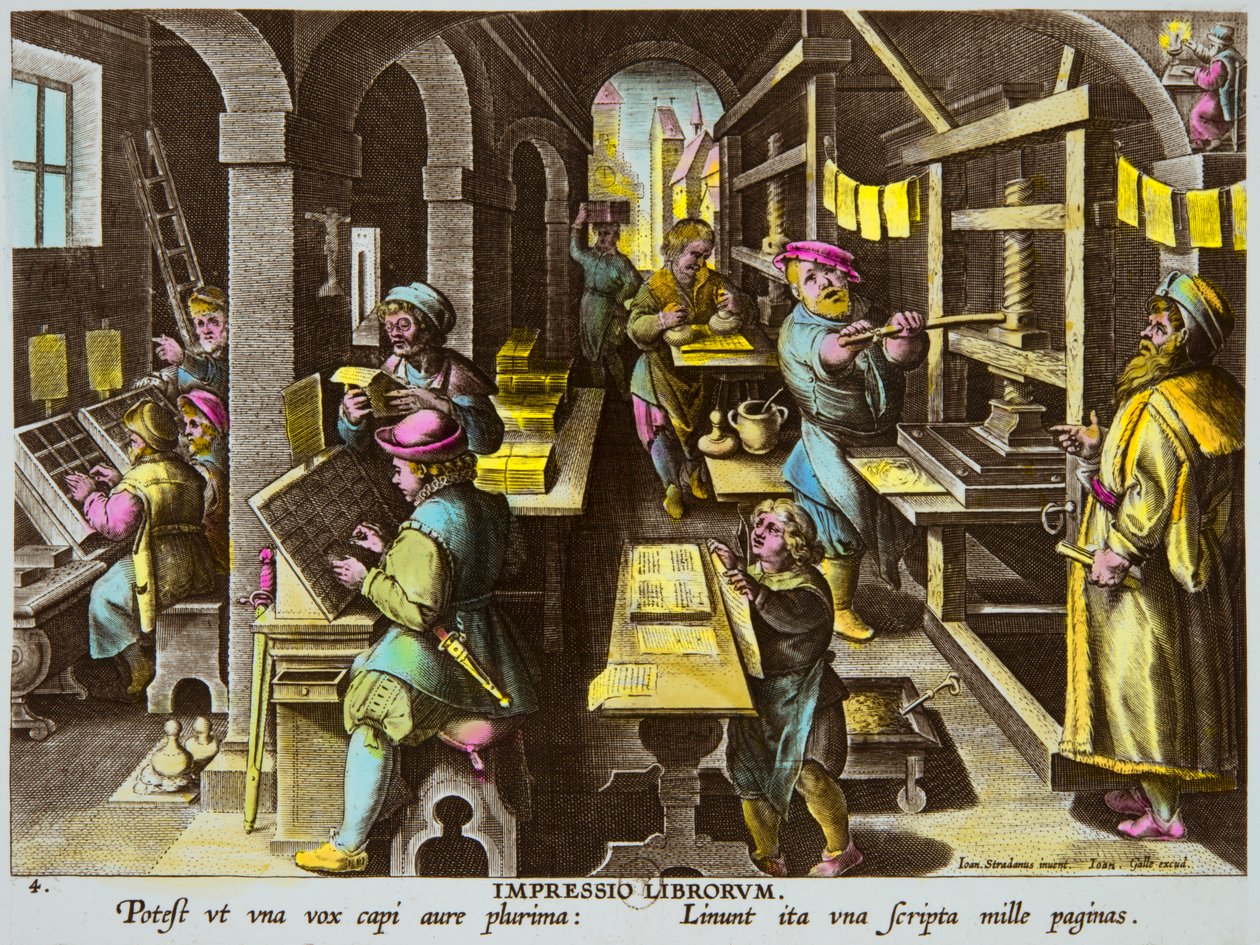 Imprimeurs et typographie avec presse à bras vers 1600 par Jan Van Der Straet (Giovanni Stradano ou Johannes Stradanus) - Anonymous Anonymous