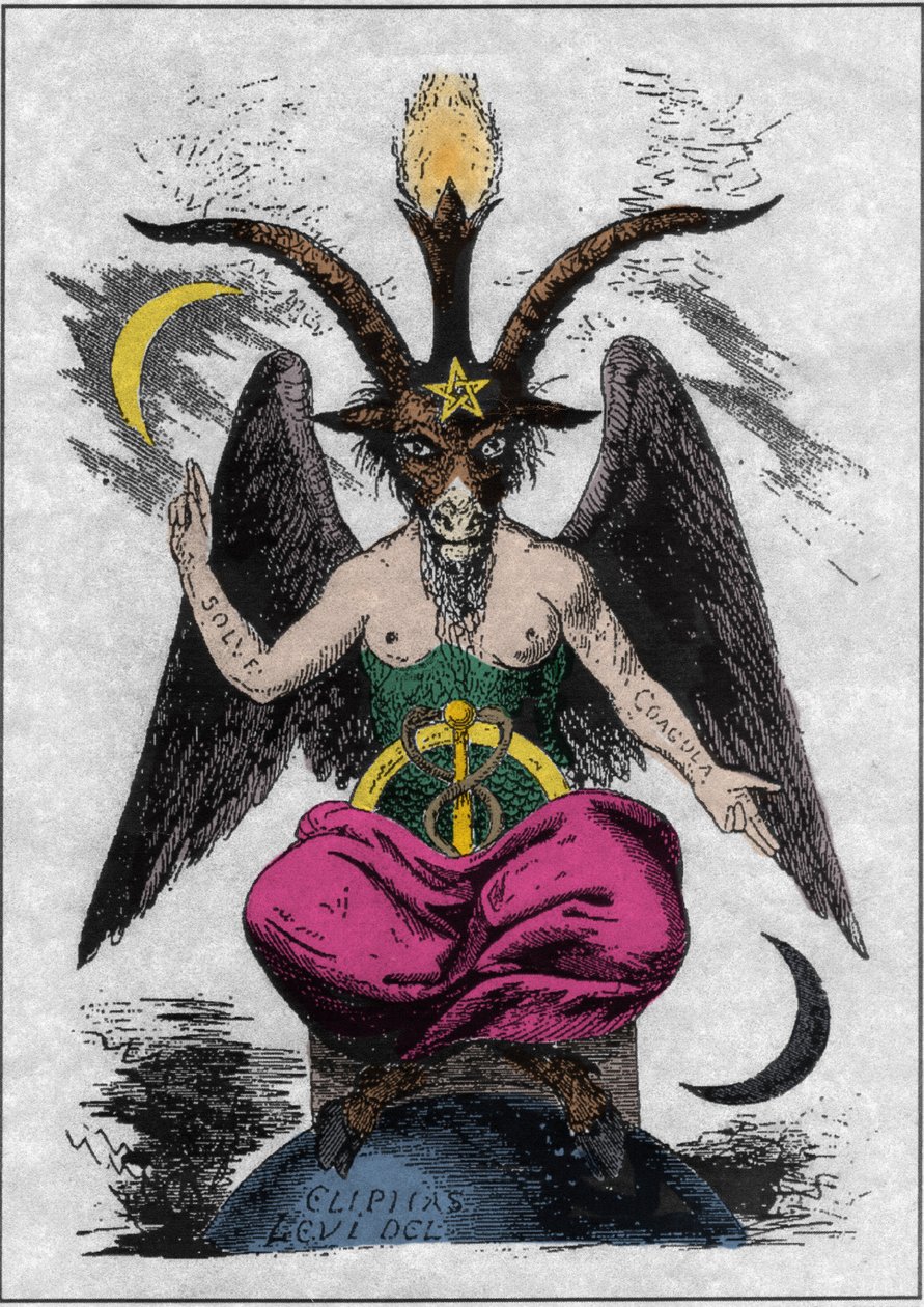 Représentation du Baphomet : un monstre avec une tête de chèvre et un corps de femme avec des citations alchimiques sur les bras « solve » et « coagula », un caducée entre les jambes et un pentagramme sur le front. Le diable d