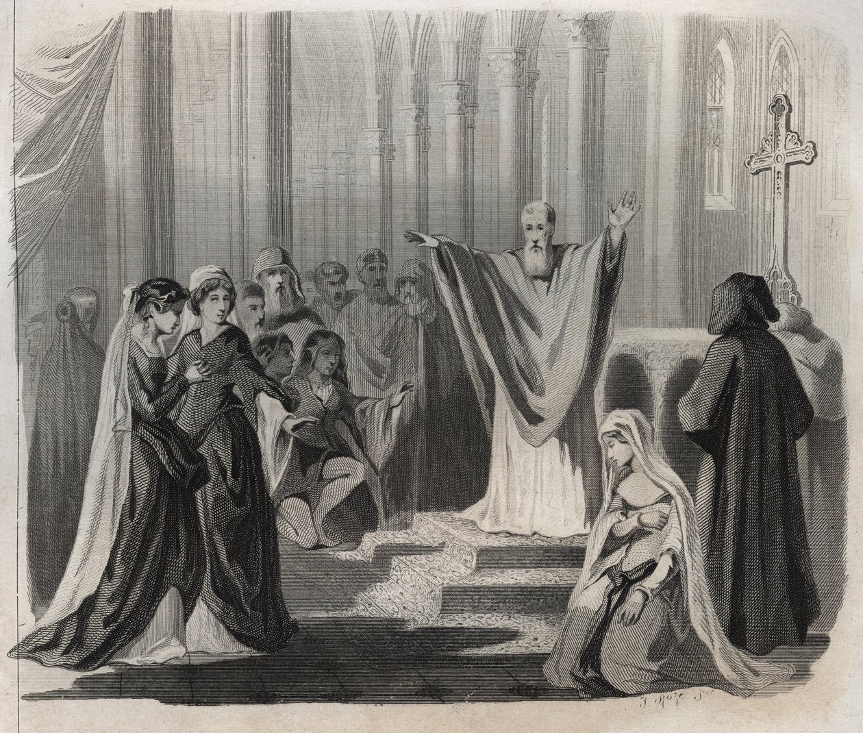Saint Dunstan (ca. 909-988), évêque de Canterbury, bénédictin et réformateur de la vie monastique en Angleterre, annonçant sa mort imminente au peuple. Gravure de 1846 dans « Vies des saints ». Collection privée. - Anonymous Anonymous