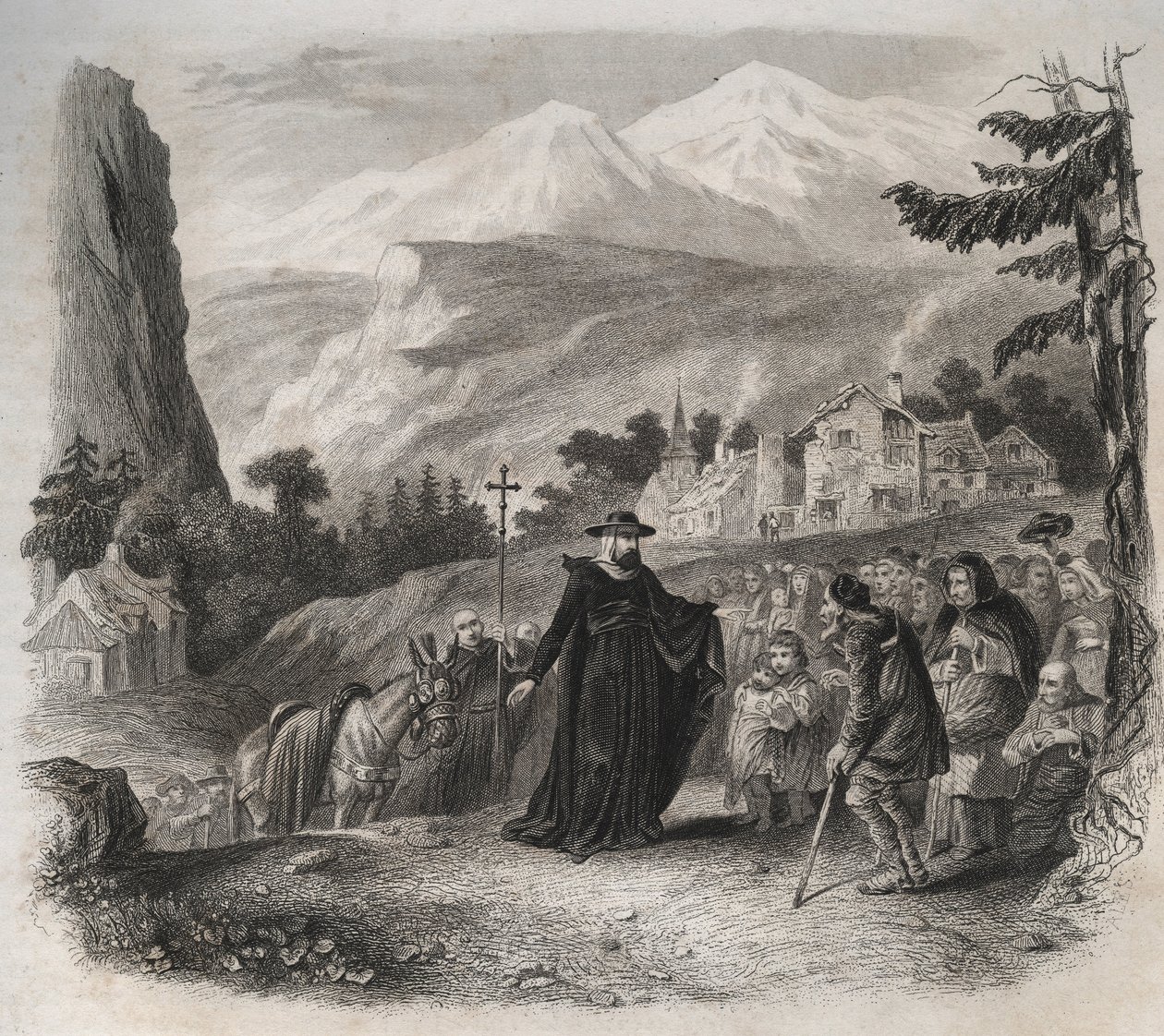 Saint François de Sales (1567-1622), évêque de Genève en visite pastorale. Gravure de 1846 dans "Vies des saints". Collection privée. - Anonymous Anonymous