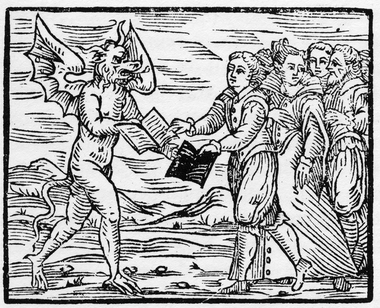Satan présente un livre noir à ses adeptes en échange du livre des Évangiles - « Compendium Maleficarum », traite des sorcières, de leurs malheurs et de leurs sortilèges par Francesco Maria Guazzo (1608) - Collection privée - Anonymous Anonymous