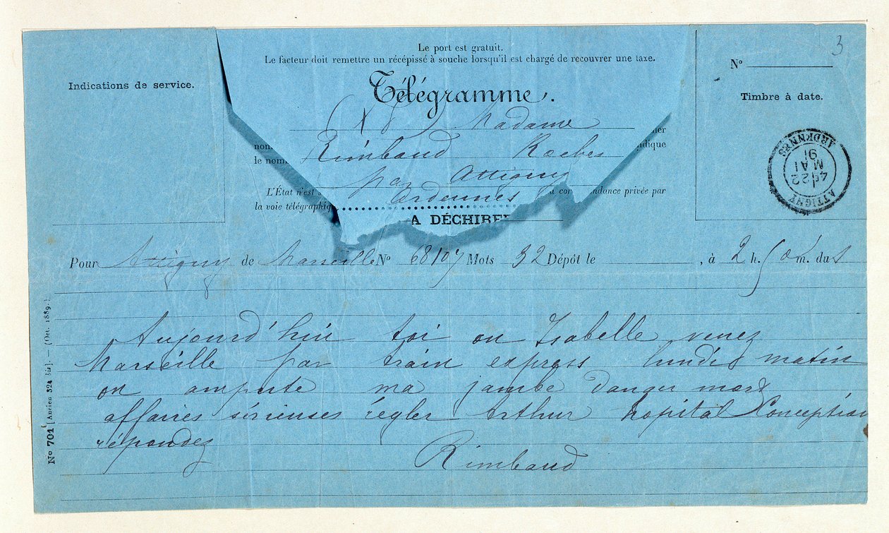 Télégramme de Rimbaud à sa mère, Marseille, 22 mai - Anonymous Anonymous