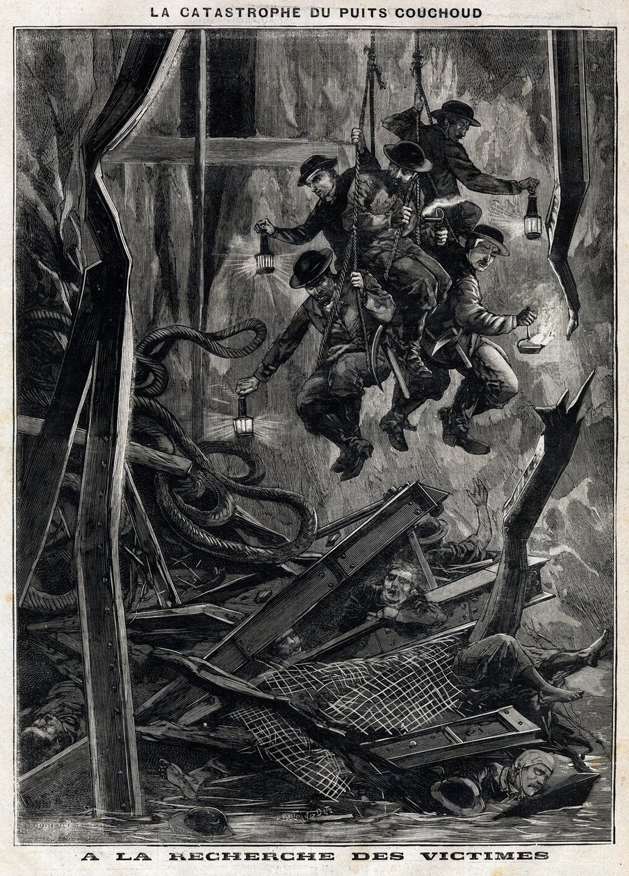 La catastrophe du puits Couchoud : les sauveteurs partent à la recherche des victimes dans une des mines de la Peronnière à Grand Croix près de Saint-Étienne. Gravure. Dans "Le Petit Parisien" - Anonymous Anonymous