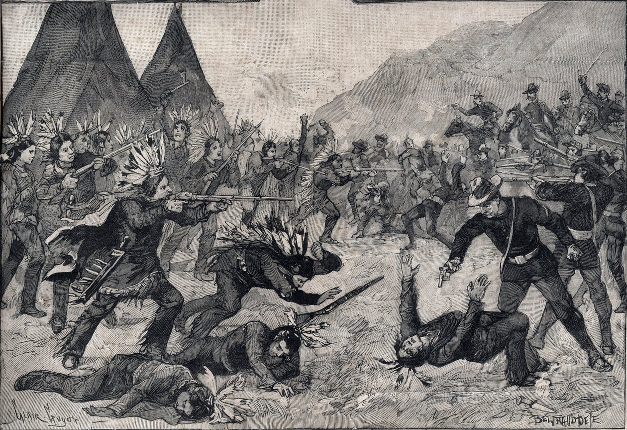 La révolte indienne aux États-Unis : un combat entre les Indiens Sioux et les troupes américaines. Gravure dans "Le petit Parisien" de 1891. Collection privée. - Anonymous Anonymous