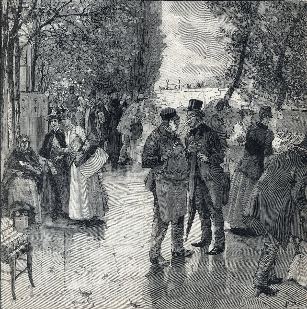La promenade des bouquinistes sur les quais à Paris. Gravure dans "Le Petit Parisien" du 30/10/1892. Collection privée - Anonymous Anonymous