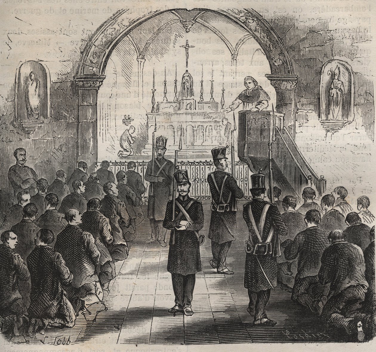 La chapelle du bagne de Toulon au XIXe siècle. Gravure dans « Histoire des bagnes depuis leur création à nos jours » (1877) par Pierre Zaccone. - Anonymous Anonymous