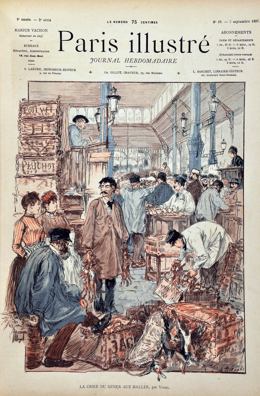 Le jeu crié aux Halles de Paris en 1887. Illustration par Hermann Vogel (1856-1918). Gravure de 1887 dans « Paris-Illustrous journal weekly ». - Anonymous Anonymous