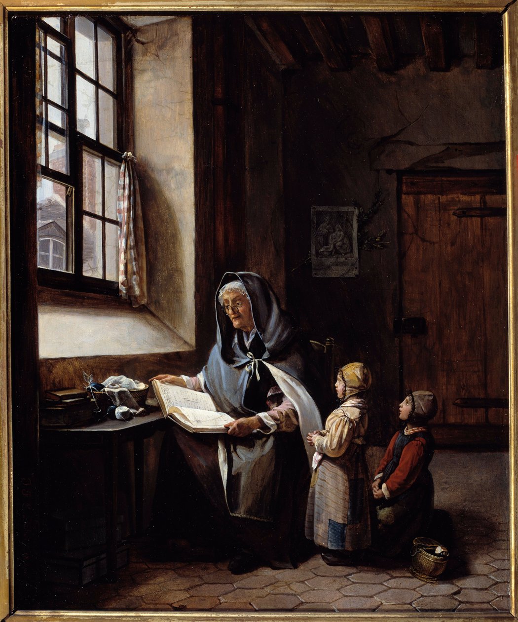 La grand-mère Une grand-mère lisant à ses deux petits-enfants. Peinture anonyme. 19ème siècle. Collection privée - Anonymous Anonymous