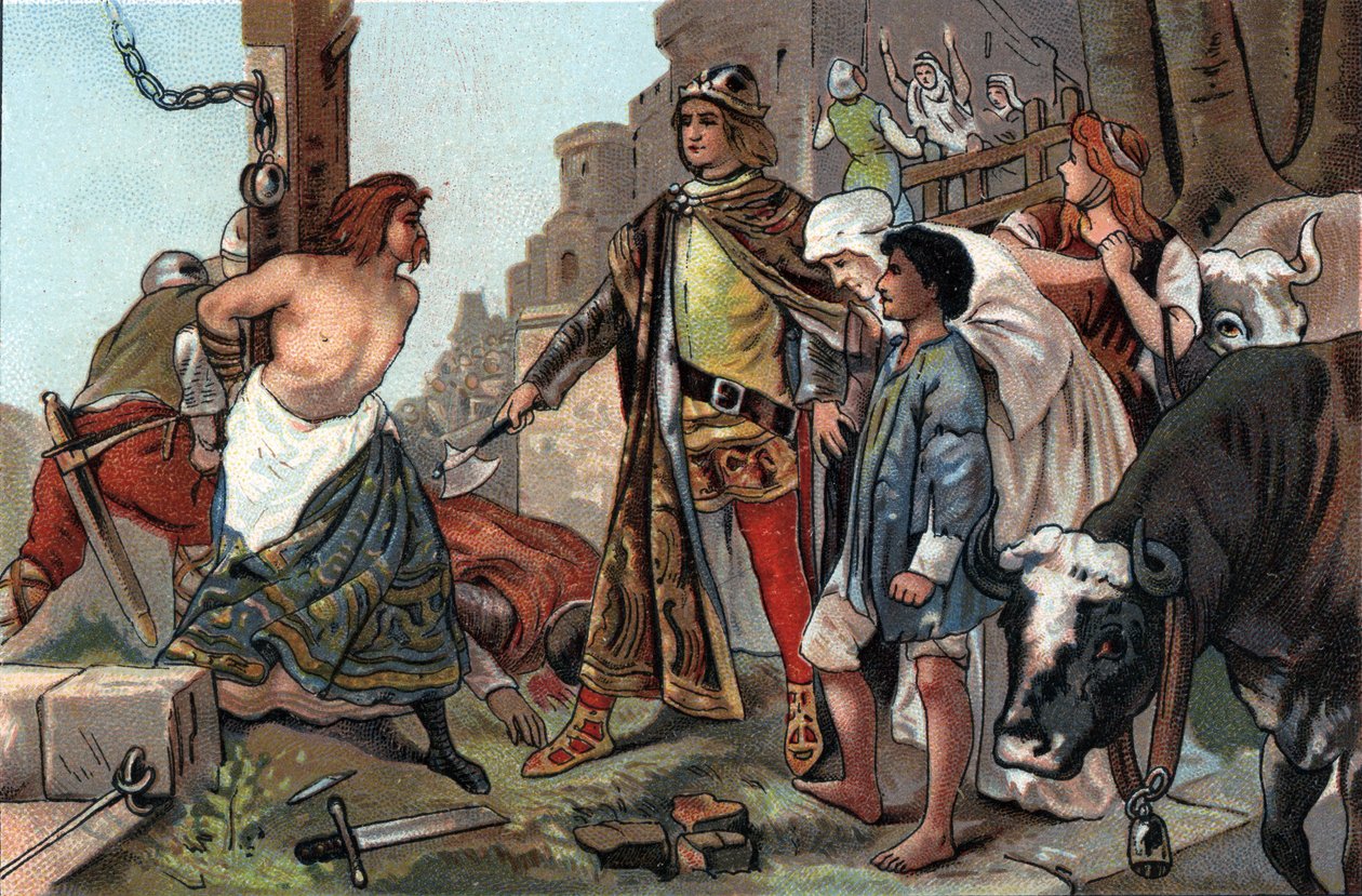 La justice de Baudouin VII (1092-1119), comte de Flandre dit à la hache. Chromolithographie publicitaire des chocolats Antoine à Bruxelles, début du XXe siècle. Collection privée - Anonymous Anonymous