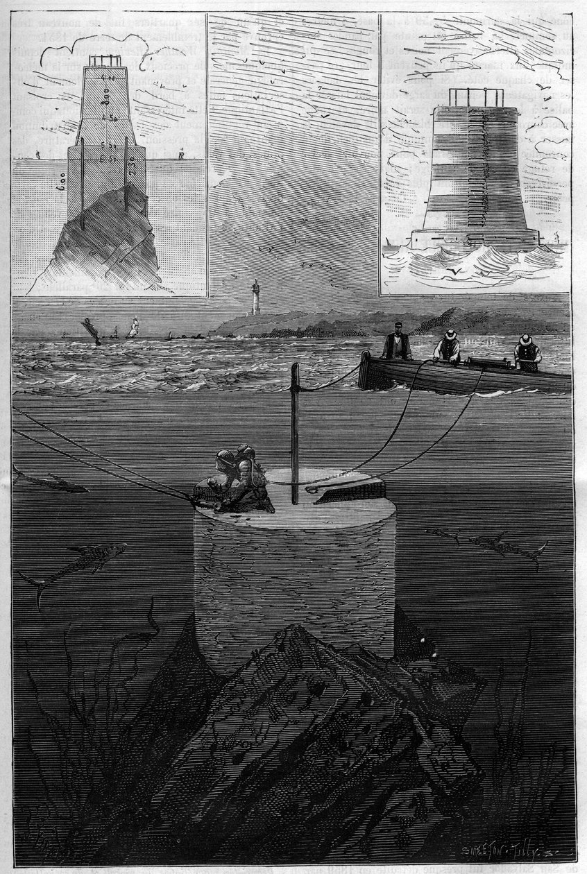 Le phare des Lavezzi : Construction de la tour balise des îles Lavezzi au niveau du détroit qui sépare la Corse de la Sardaigne en mer Méditerranée, construit en 1874 par la Marine nationale suite au naufrage de la Sémillante en 1855 - Anonymous Anonymous