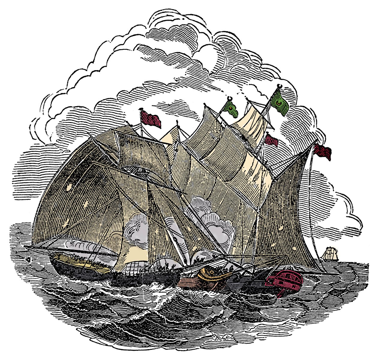 Le navire du pirate Henry Every attaqué en septembre 1695 par la flotte du grand Moghol Aurangzeb au large de Surate, Inde. Gravure de « Le Livre des Pirates » par Charles Ellms - Anonymous Anonymous