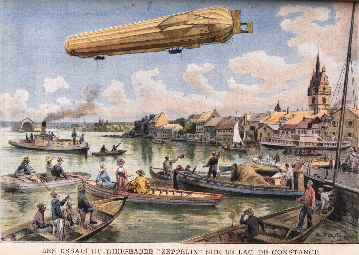 Les essais du dirigeable Zeppelin sur le lac de Constance en Allemagne. Gravure du journal «Le Petit Parisien», le 2/08/1908. Collection privée. - Anonymous Anonymous