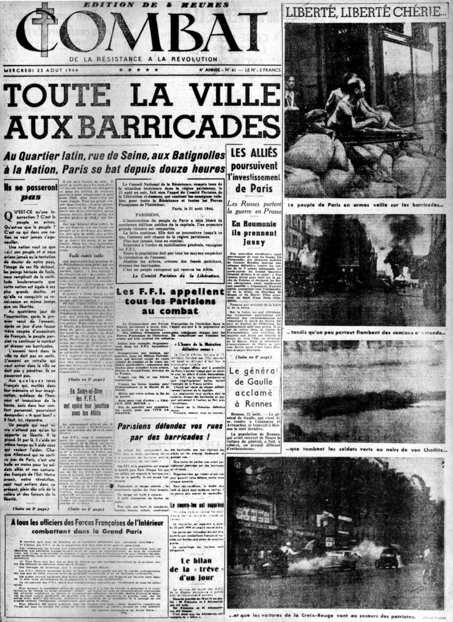 Toute la ville aux barricades: libération de Paris - dans « Combat » du 23/08/1944, coll. MDJ Bernard - Anonymous Anonymous