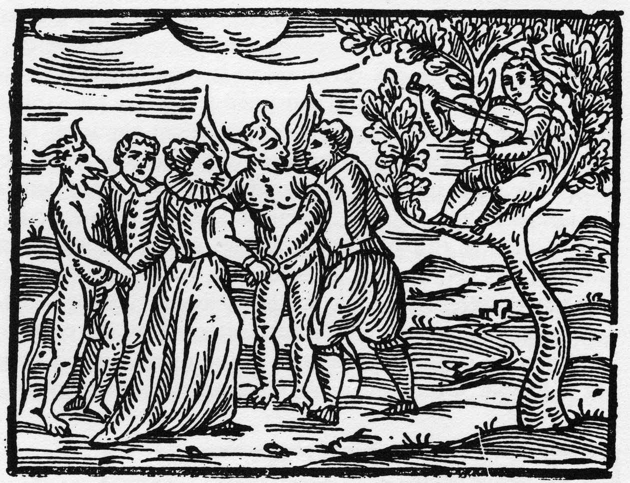 Les sorcières dansant le sabbat au son du violon - « Compendium Maleficarum », traite des sorcières, de leurs maux et de leurs sortilèges par Francesco Maria Guazzo ou Guaccio ou Guaccius (15?? -16??) 1608 Collection Privée - Anonymous Anonymous