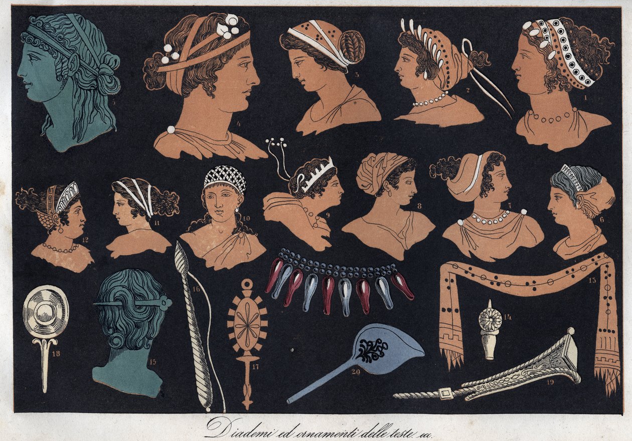 Tiares et ornements de tête dans la Grèce antique - gravure de "Usi e Costumi di Tutti i Popoli dell