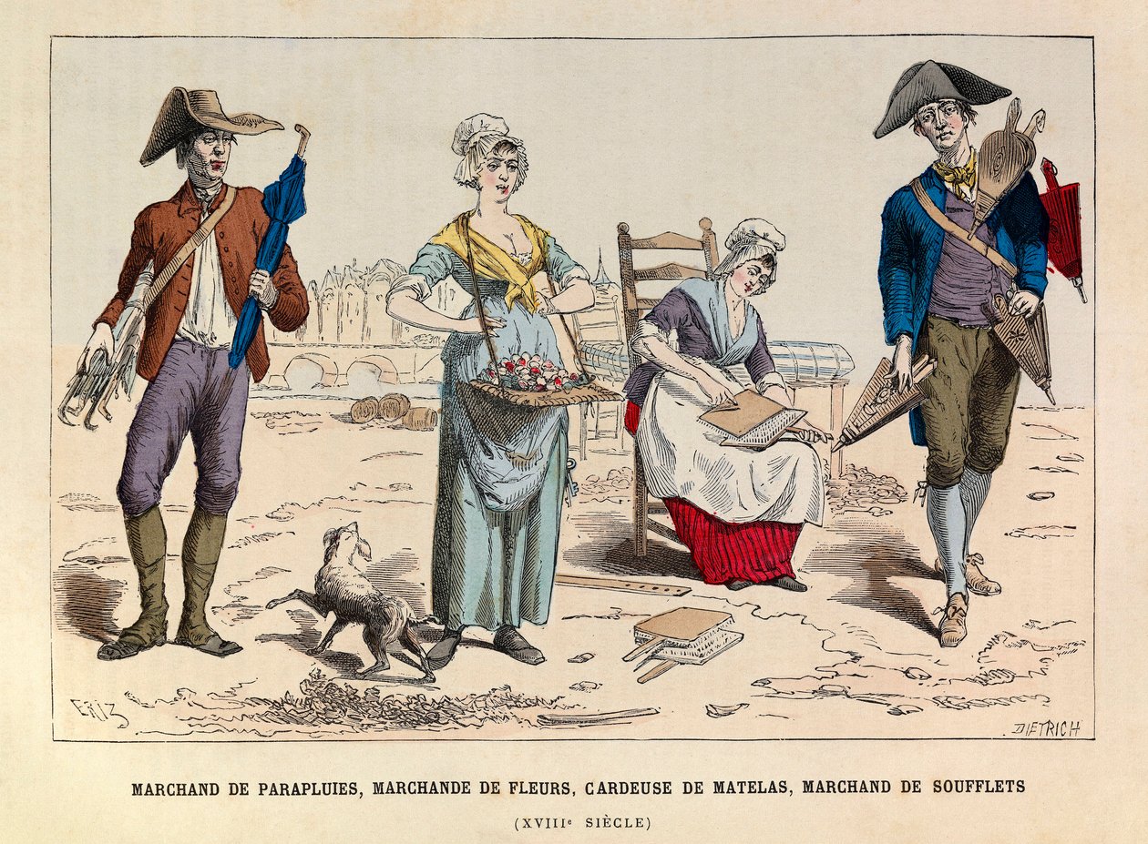 Marchand de parapluies, marchand de fleurs, cardeur de matelas et marchand de soufflets à Paris au XVIIIe siècle - Anonymous Anonymous