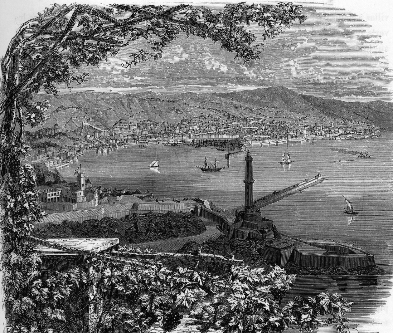 Vue de la ville de Gênes (Genova), Italie. Gravure de 1859 dans « Les galeries de l