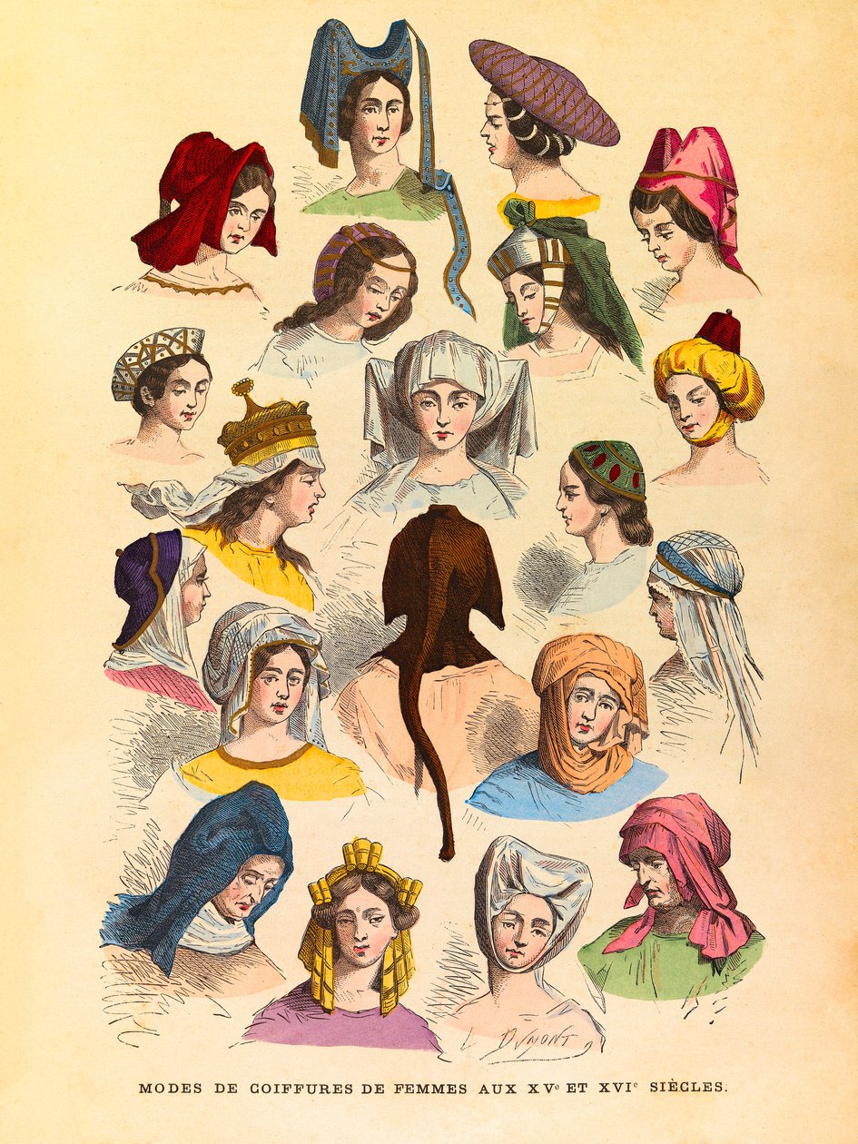Coiffures féminines aux XVe et XVIe siècles (gravure) - Anonymous Anonymous