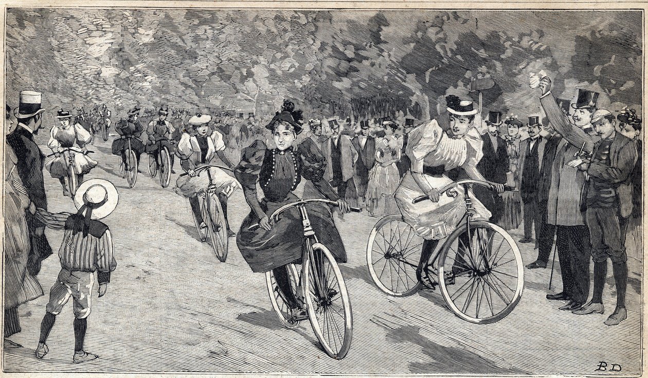 Course de femmes vélocipédistes au Bois de Boulogne près de Paris. Gravure dans "Le Petit Parisien" le 25/06/1893. - Anonymous Anonymous