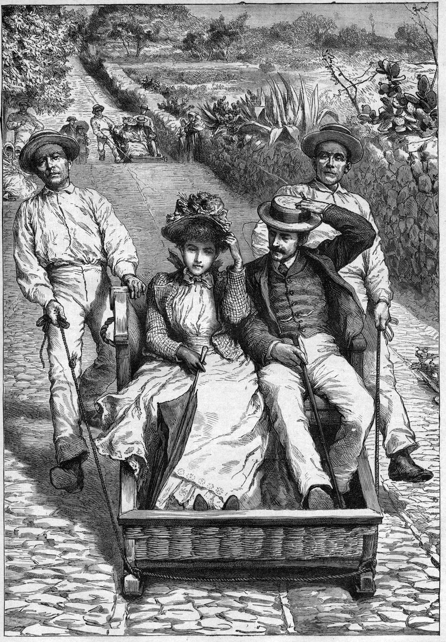 carros de cesto à Madère 1893 - Les corinhos (carrieros) à Madère - hommes guidant un siège à deux places sur roulette (un corinho). gravure dans Journal des voyages 1893 - Anonymous Anonymous