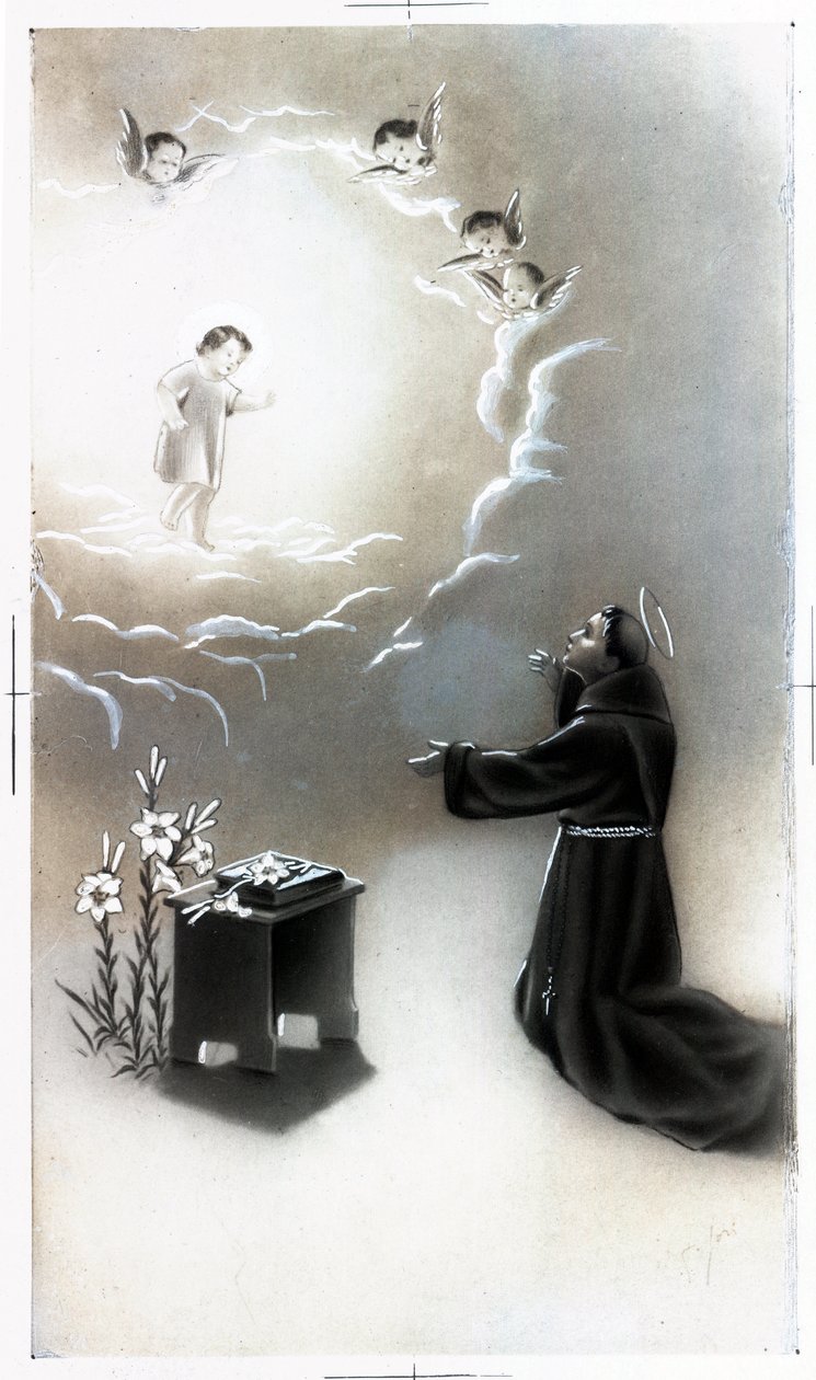 Image pieuse : représentation de Saint Antoine de Padoue (Antonio di Padova) connu sous le nom de Thaumaturge (1195-1231). Carte de Collection privée - Anonymous Anonymous