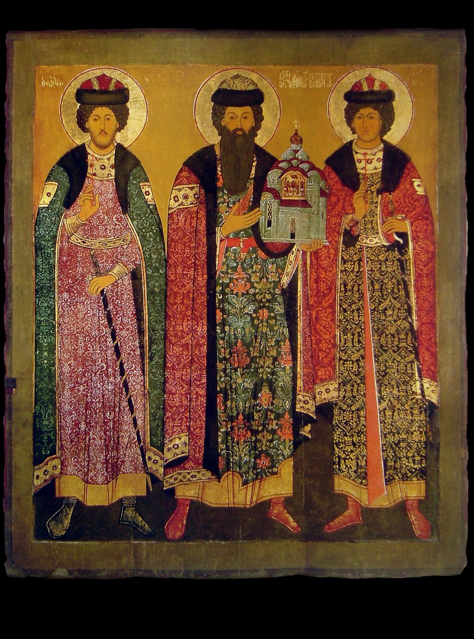 Saint Vsevolod Mstislavich, prince de Pskov avec les saints Boris et Gleb, début du 17ème siècle - Anonymous Russian icon painter