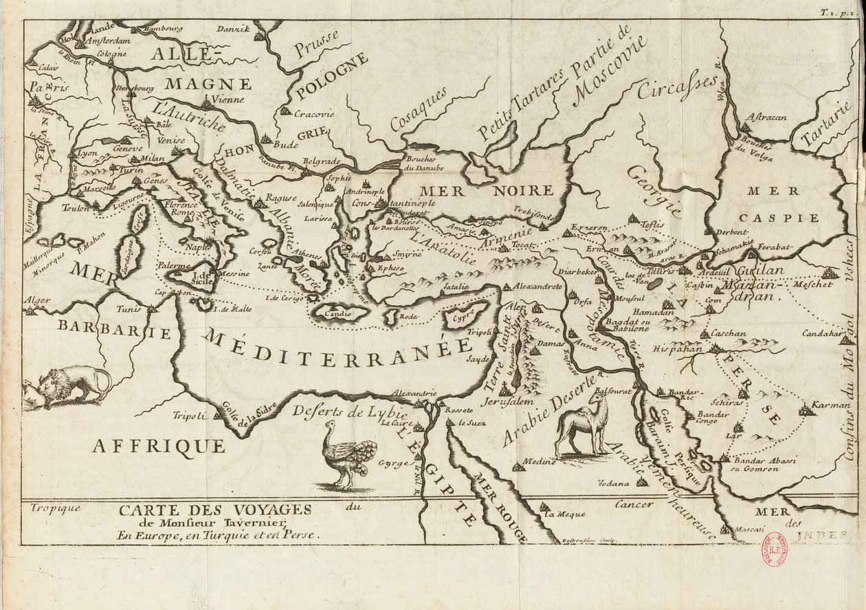 Carte des voyages de Tavernier en Europe, Perse, Turquie, 17ème siècle - Anonymous master.