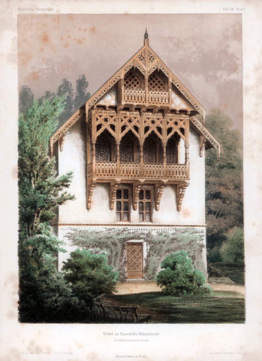 Pignon sur un bâtiment résidentiel, Schonhausen, près de Berlin, Allemagne, vers 1850 - Anst von W Loeillot