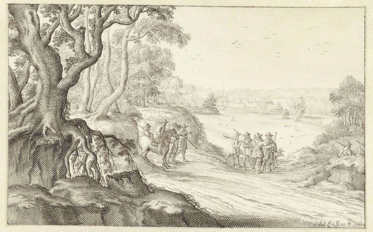 Chasseurs dans un paysage vallonné, Abbaye de Groenendaal à Bruxelles en arrière-plan - Anthonie Crussens