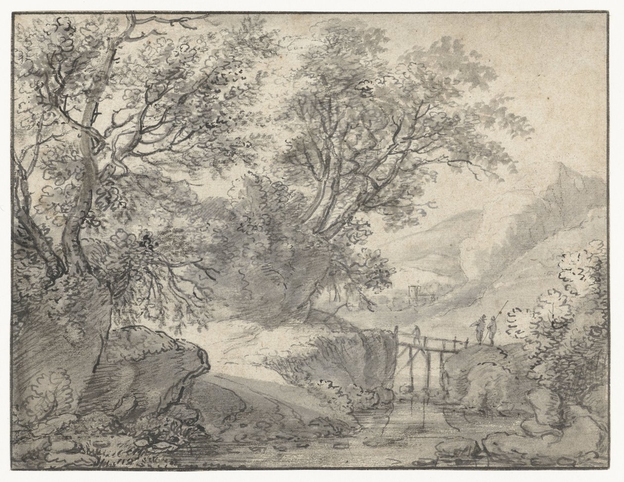Paysage de montagne avec des arbres et un pont sur un ruisseau - Anthonie Waterloo