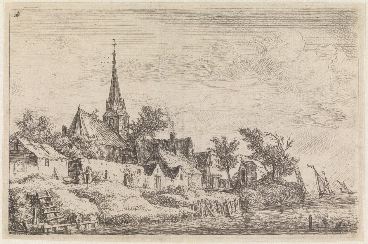 Village avec une église à tour pointue au bord de la mer (n° 4 d