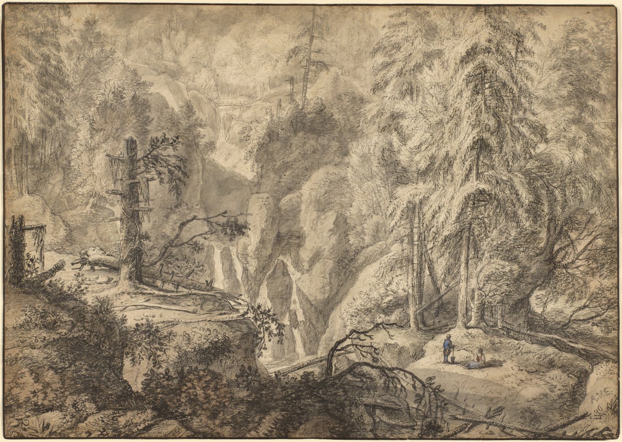 Paysage montagneux, paysans dans une clairière près d