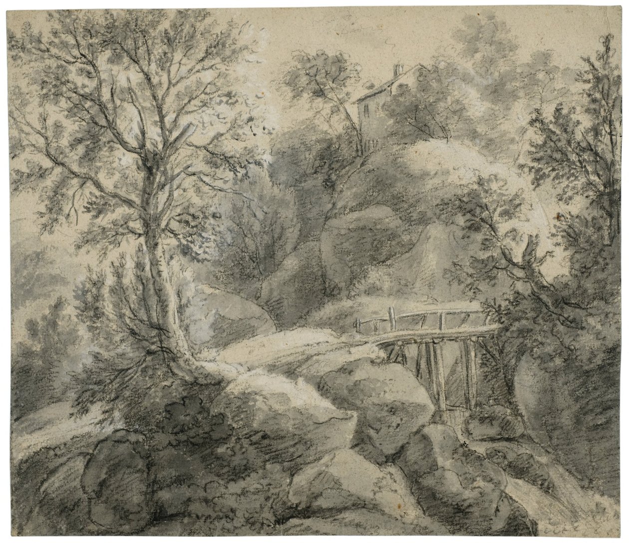 Paysage rocheux avec un pont traversant un ruisseau - Anthonie Waterloo