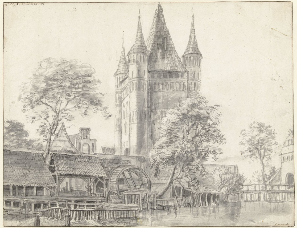 La porte de la ville « Altenbrücker Tor » et le moulin à eau de Lüneburg, près de Hambourg - Anthonie Waterloo