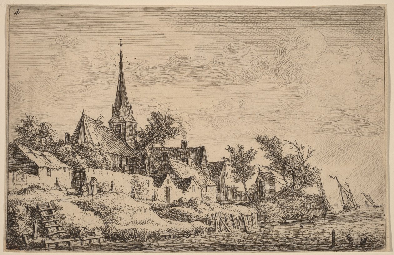 Clocher de village au bord de la mer - Anthonie Waterloo