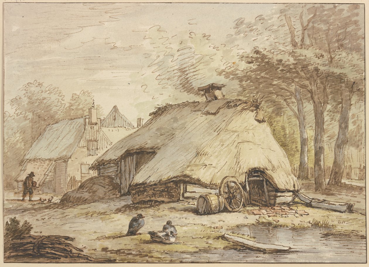 Trois cabanes sous des arbres, avec trois canards assis au premier plan - Anthonie van Borssom