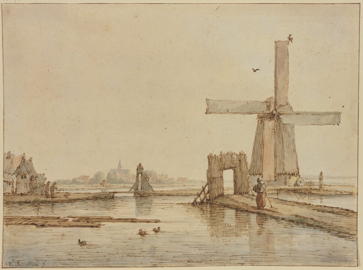 Moulin à vent sur une étroite digue, trois canards au premier plan - Anthonie van Borssom