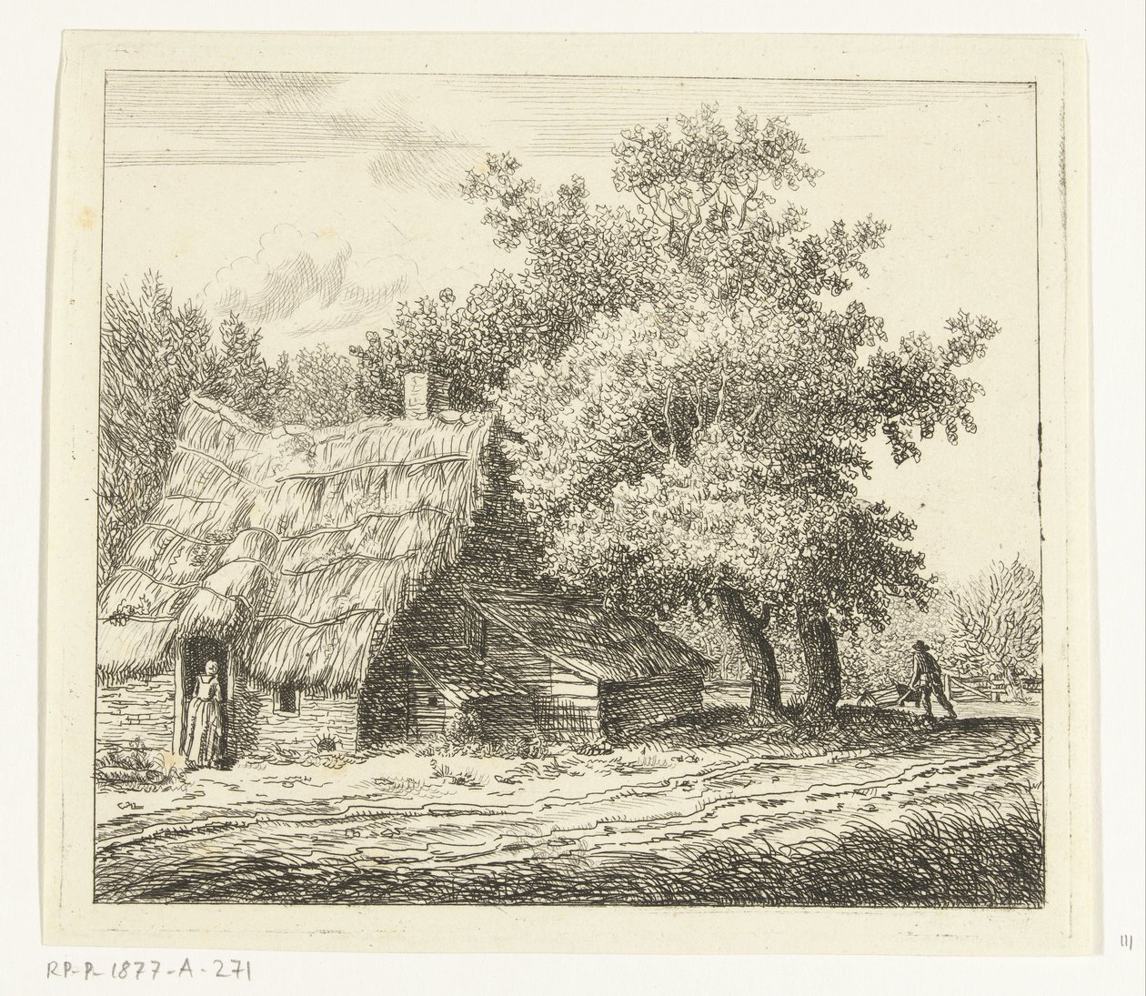 Ferme avec femme à la porte et homme avec brouette sur un chemin - Anthonie van den Bos