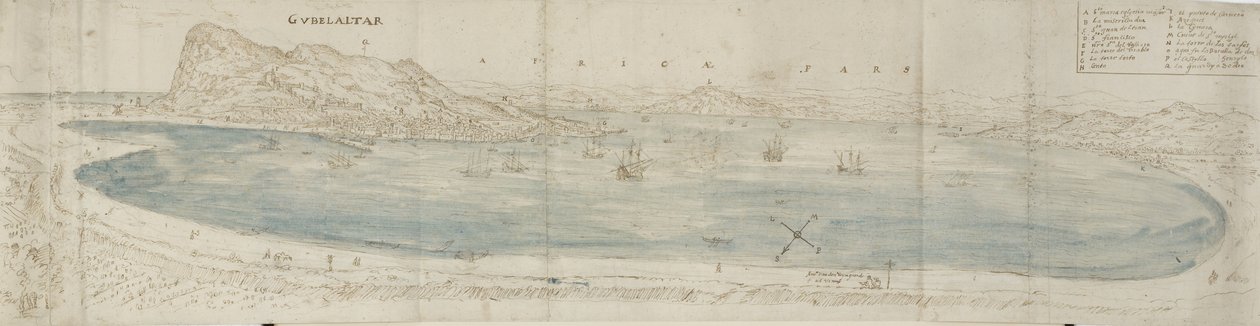 Vue panoramique sur la baie de Gibraltar vers la ville et la côte africaine au-delà - Anthonis van den Wyngaerde