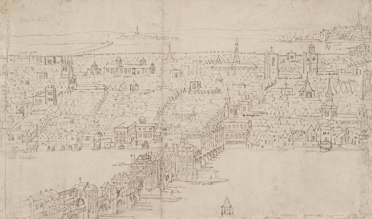Panorama de Londres vu de Southwark : London Bridge, 1554 - Anthonis van den Wyngaerde
